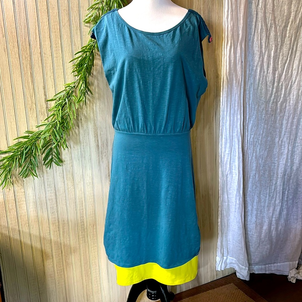 Matilda Jane Good Hart Layered Jersey Dress, Large, EUC, Teal/Spring Green